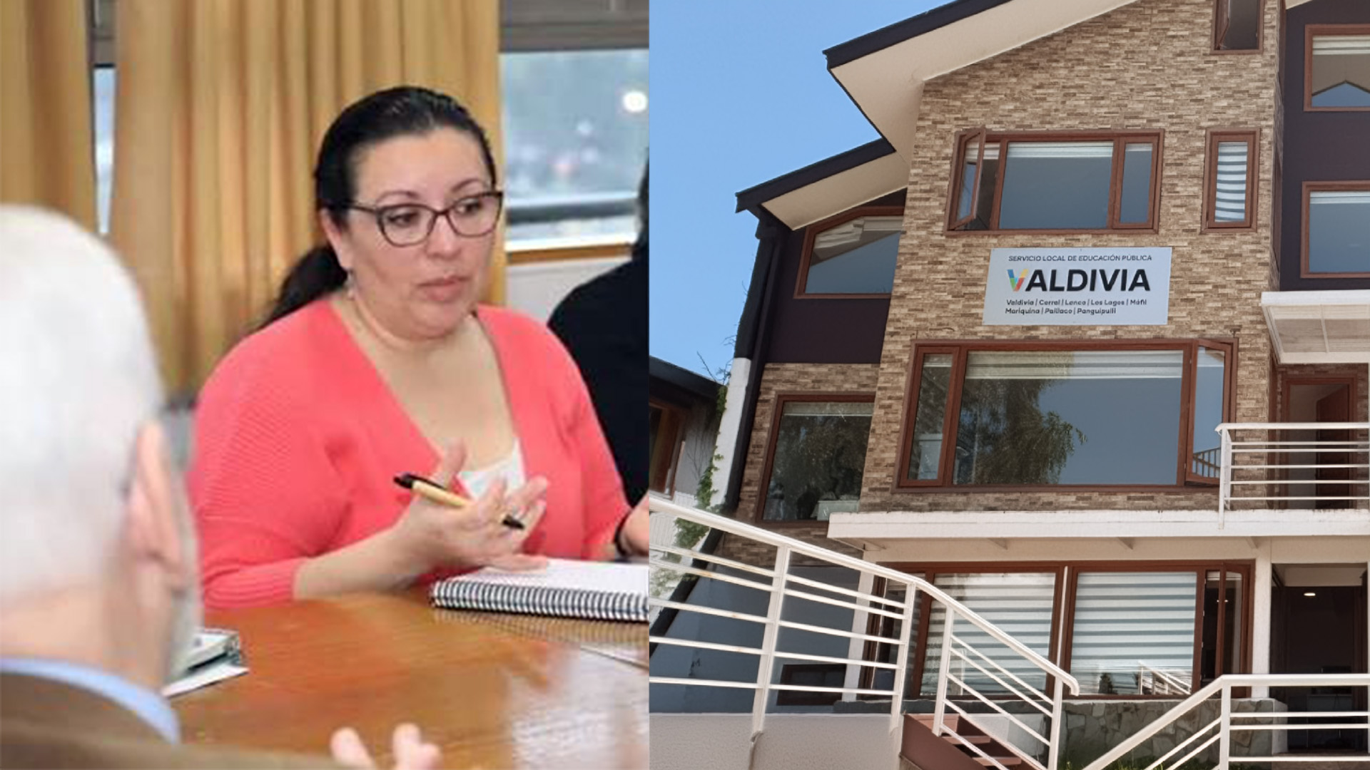 Una imagen compuesta dividida en dos. A la izquierda, la presidenta de la Asociación de Apoderados de Valdivia, María Marticorena, con anteojos y chaleco coral, gesticula mientras habla en una mesa de reuniones frente a una persona de pelo blanco. A la derecha, una toma exterior clara del moderno edificio de tres pisos con fachada de piedra y escaleras metálicas blancas que sirve como sede administrativa del Servicio Local de Educación Pública (SLEP) Valdivia.