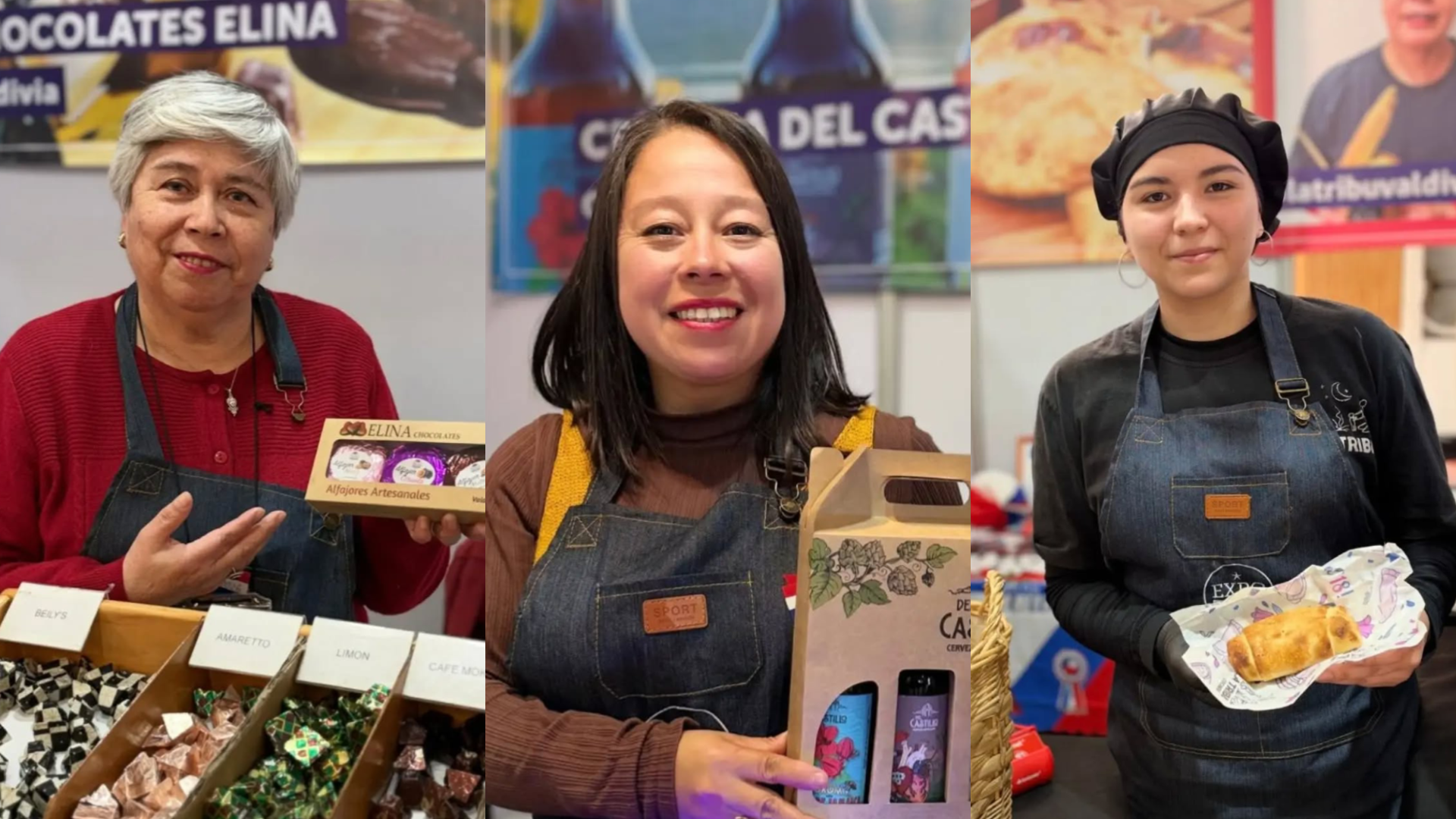 Tres emprendedoras muestran sus productos artesanales: chocolates, cerveza y empanadas