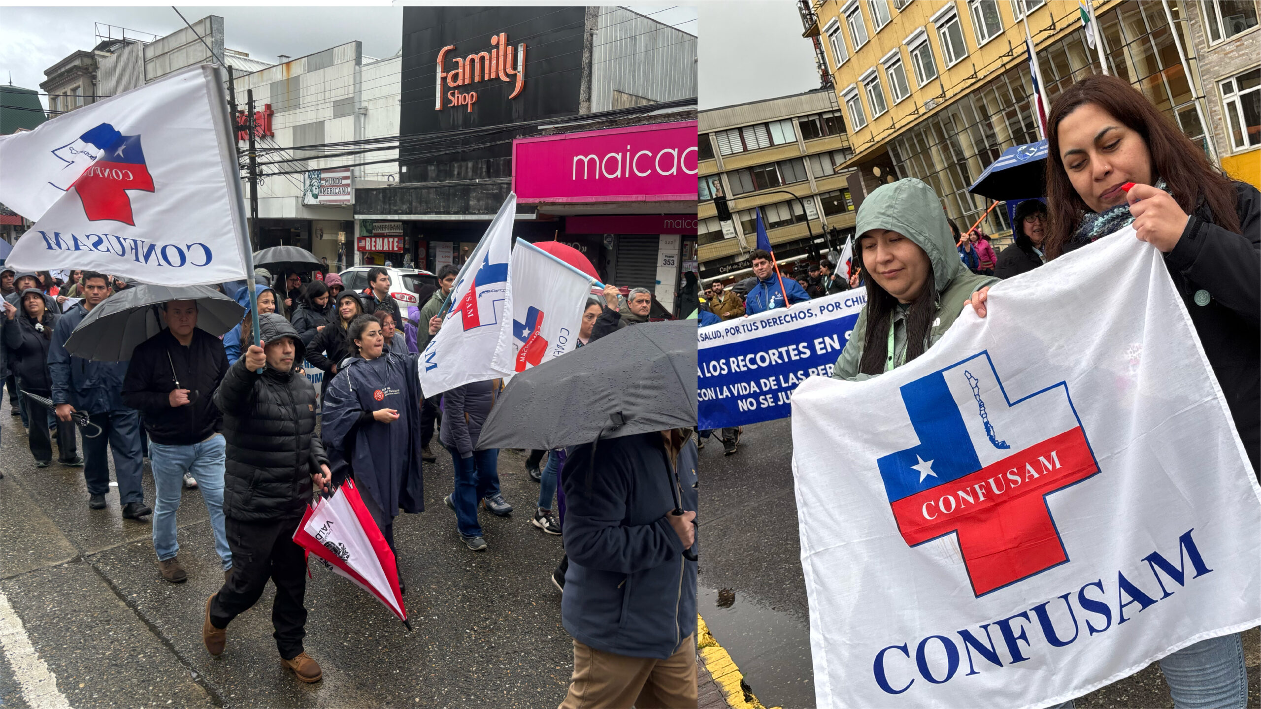 Manifestantes de la CONFUSAM marchan bajo la lluvia sosteniendo banderas del gremio de la salud pública