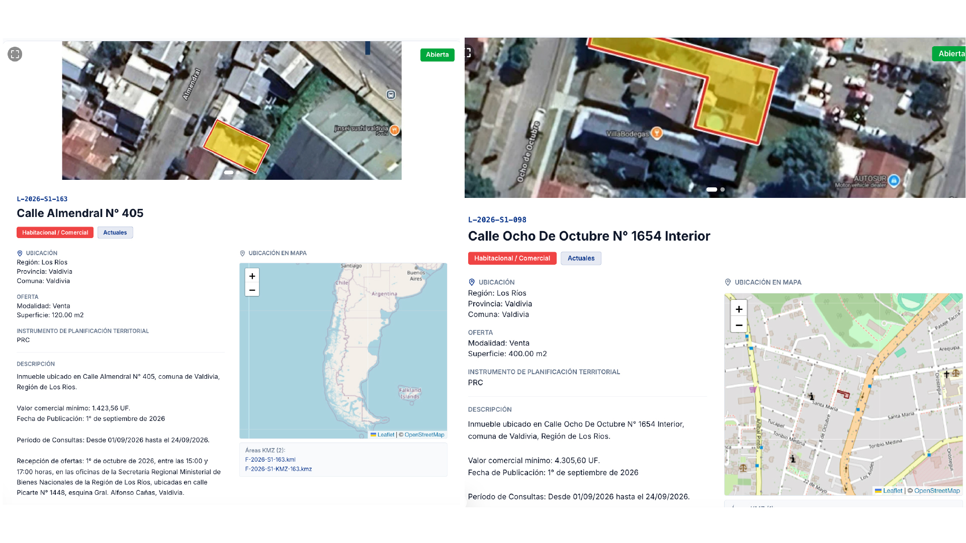 Fichas de licitación de dos propiedades fiscales en venta en Valdivia, mostrando mapas satelitales y valores comerciales mínimos en el portal de Bienes Nacionales.