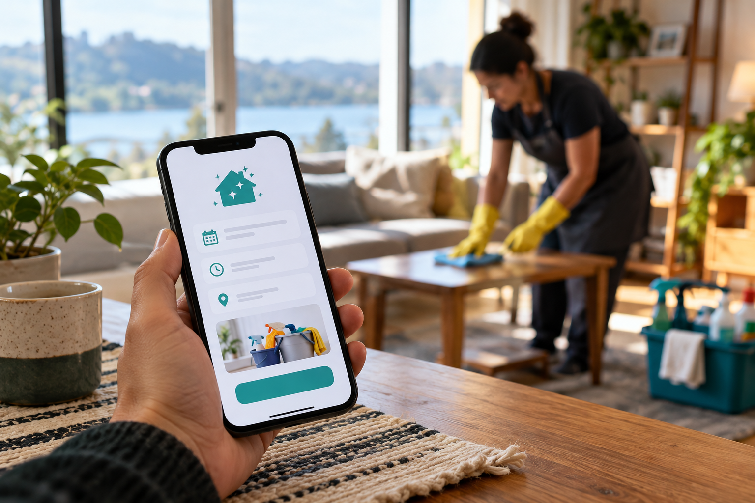 Mano sosteniendo un celular con una app de servicios de limpieza mientras una persona limpia en el fondo