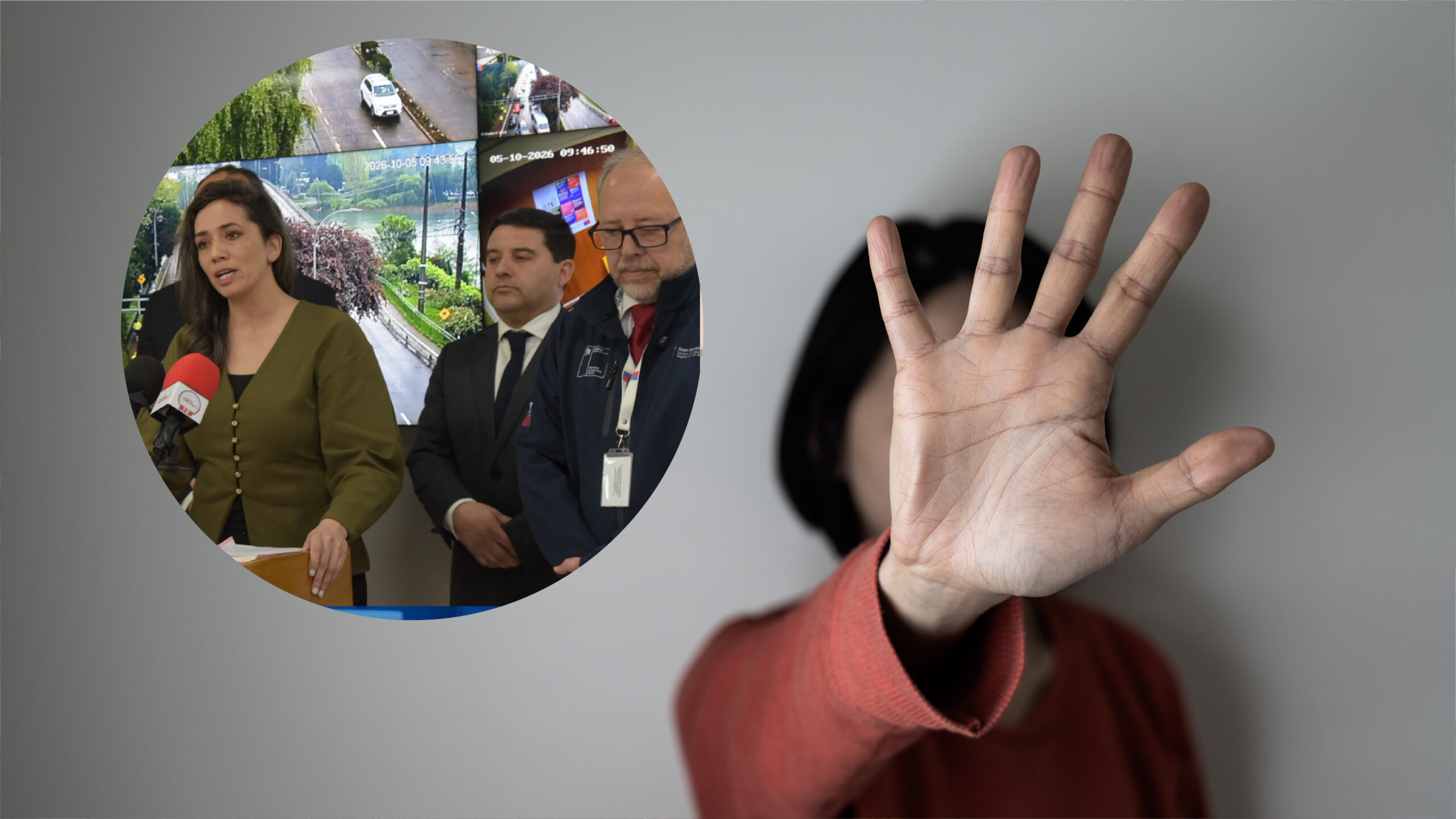 Persona extendiendo la mano frente a la cámara junto a autoridades que dan un punto de prensa de seguridad