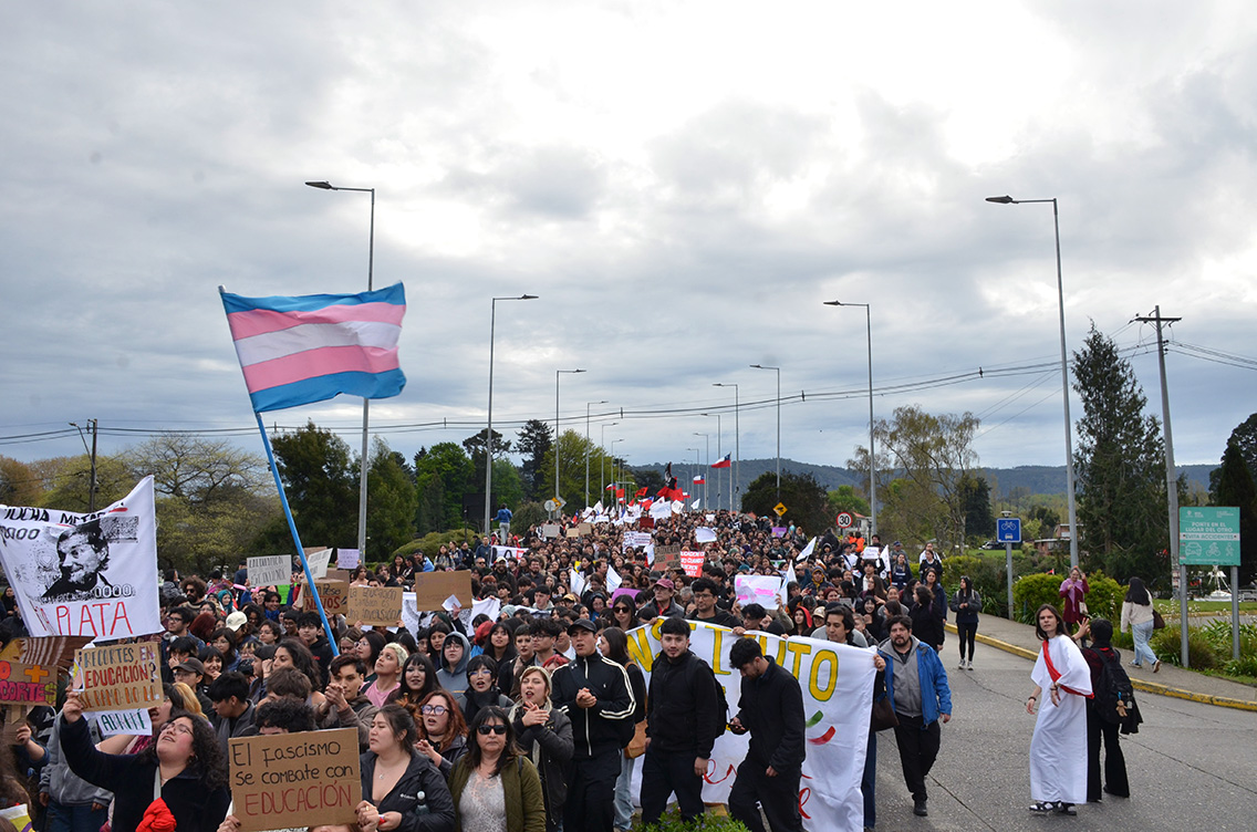 Multitud marchando en una manifestación estudiantil con carteles por la educación y una bandera transgénero
