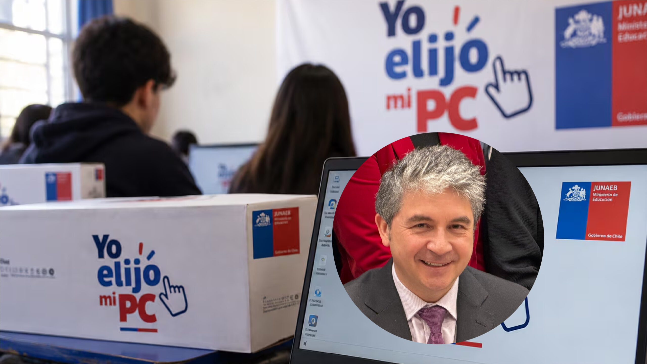 Entrega de computadores del programa Yo elijo mi PC de Junaeb, junto al retrato de un hombre sonriendo